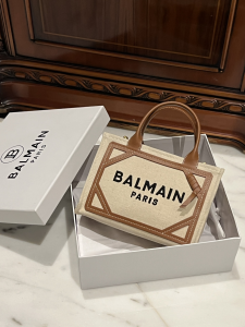 Balmain B Army Small Canvas and Leather Tote Bag Beige Brown Balmain B Army Small Canvas and Leather Tote Bag Beige Brown
