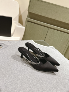 Alexander Wang DELPHINE LOGO STRAP Satin Heeled MULE Black 55MM Alexander Wang DELPHINE LOGO STRAP Satin Heeled MULE Black 55MM