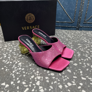 Versace Bright Crystal Satin High Heel Mules Slides Sandals Fuchsia 70MM Versace Bright Crystal Satin High Heel Mules Slides Sandals Fuchsia 70MM