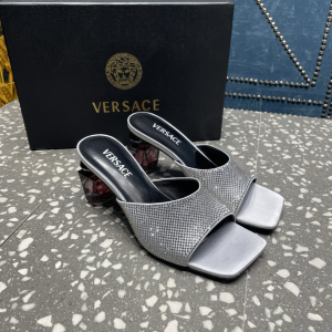 Versace Bright Crystal Satin High Heel Mules Slides Sandals Gray 70MM Versace Bright Crystal Satin High Heel Mules Slides Sandals Gray 70MM