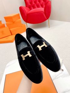Hermes Paris Black Velvet Loafers