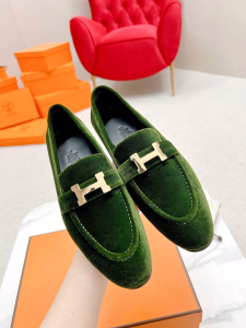 Hermes Paris Green Velvet Loafers