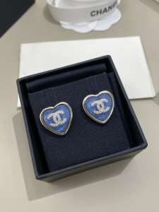 Chanel Crystal CC Heart Earrings Blue