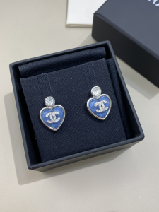 Chanel Crystal CC Heart Earrings Blue