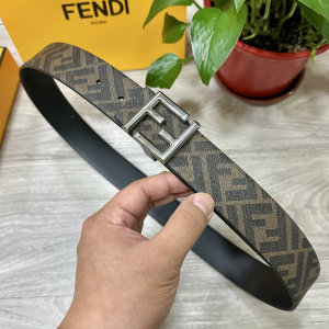 Fendi FF Squared Cuoio Romano Leather and Canvas Belt Black Brown 40MM Fendi FF Squared Cuoio Romano Leather and Canvas Belt Black Brown 40MM