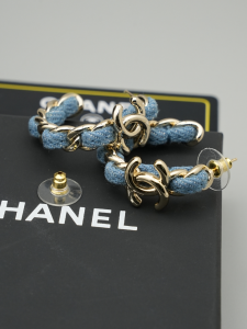 Chanel CC Denim Blue Hoop Earrings