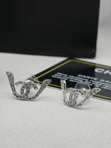 Chanel Crystal CC Stud Earrings Silver
