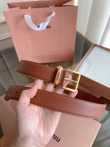 Miu Miu Square Roller Buckle Brown Calfskin Leather Belt 35MM Miu Miu Square Roller Buckle Brown Calfskin Leather Belt 35MM