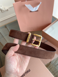 Miu Miu Square Roller Buckle Dark Brown Suede Leather Belt 35MM Miu Miu Square Roller Buckle Dark Brown Suede Leather Belt 35MM