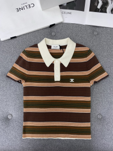 Celine Triomphe Cropped Polo Shirt Ecru Brown Striped Cotton Celine Triomphe Cropped Polo Shirt Ecru Brown Striped Cotton