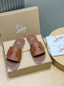 Christian Louboutin Chambelimule Donna Leather Flat Slides Sandals Brown Christian Louboutin Chambelimule Donna Leather Flat Slides Sandals Brown