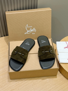 Christian Louboutin Chambelimule Donna Suede Leather Flat Slides Sandals Dark Green Christian Louboutin Chambelimule Donna Suede Leather Flat Slides Sandals Dark Green