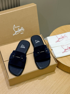 Christian Louboutin Chambelimule Donna Suede Leather Flat Slides Sandals Navy Blue Christian Louboutin Chambelimule Donna Suede Leather Flat Slides Sandals Navy Blue
