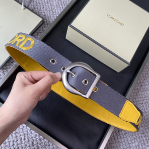 Tom Ford Canvas and Leather Square Buckle Belt Yellow Gray 40MM Tom Ford Canvas and Leather Square Buckle Belt Yellow Gray 40MM