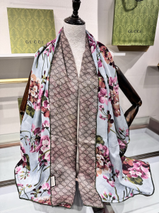 Gucci Floral Print GG Monogram Silk Scarf Blue Gucci Floral Print GG Monogram Silk Scarf Blue