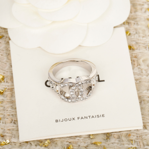 Chanel Crystal CC Logo White Gold Rings