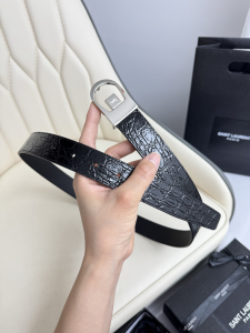 Saint Laurent Reversible Cassandre Engraved Buckle Dark Black Croco Embossed Leather Belt 30MM Saint Laurent Reversible Cassandre Engraved Buckle Dark Black Croco Embossed Leather Belt 30MM