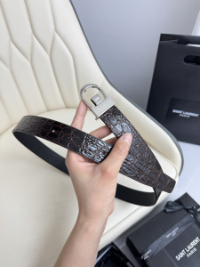 Saint Laurent Reversible Cassandre Engraved Buckle Dark Brown Croco Embossed Leather Belt 30MM Saint Laurent Reversible Cassandre Engraved Buckle Dark Brown Croco Embossed Leather Belt 30MM