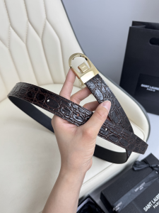 Saint Laurent Reversible Cassandre Engraved Buckle Dark Brown Croco Embossed Leather Belt 30MM Saint Laurent Reversible Cassandre Engraved Buckle Dark Brown Croco Embossed Leather Belt 30MM
