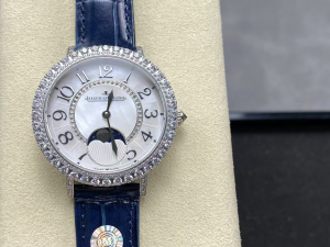 Jaeger LeCoultre Rendez Vous Moonphase White Dial Diamond Bezel Blue Leather Strap Watch 34MM Jaeger LeCoultre Rendez Vous Moonphase White Dial Diamond Bezel Blue Leather Strap Watch 34MM