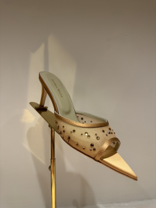 Andrea Wazen List Mesh Glitz Heeled Mules Sandals Brown 65MM Andrea Wazen List Mesh Glitz Heeled Mules Sandals Brown 65MM