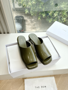 THE ROW Emi Green Leather Flat Slide Sandals THE ROW Emi Green Leather Flat Slide Sandals