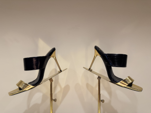 Balmain Striped Leather PB High Heeled Mules Sandals Black Gold 100MM Balmain Striped Leather PB High Heeled Mules Sandals Black Gold 100MM