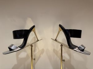 Balmain Striped Leather PB High Heeled Mules Sandals Black Silver 100MM Balmain Striped Leather PB High Heeled Mules Sandals Black Silver 100MM