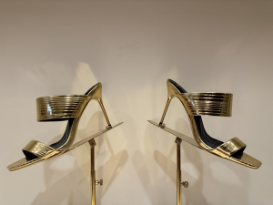 Balmain Striped Leather PB High Heeled Mules Sandals Gold 100MM Balmain Striped Leather PB High Heeled Mules Sandals Gold 100MM