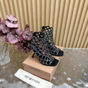 Sergio Rossi SR Mermaid Caged Crystals Black Leather Heeled Sandals 100MM Sergio Rossi SR Mermaid Caged Crystals Black Leather Heeled Sandals 100MM