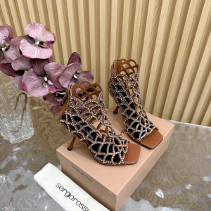 Sergio Rossi SR Mermaid Caged Crystals Brown Leather Heeled Sandals 100MM Sergio Rossi SR Mermaid Caged Crystals Brown Leather Heeled Sandals 100MM
