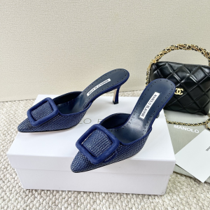 Manolo Blahnik Maysale Raffia Heeled Mules Blue 70MM Manolo Blahnik Maysale Raffia Heeled Mules Blue 70MM