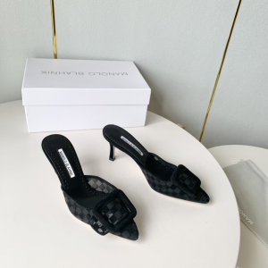 Manolo Blahnik Maysale Suede and Mesh Heeled Mules Black 70MM Manolo Blahnik Maysale Suede and Mesh Heeled Mules Black 70MM