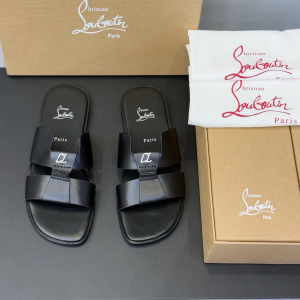 Christian Louboutin Loubi Be Black Calfskin Leather Flat Slides Sandals Christian Louboutin Loubi Be Black Calfskin Leather Flat Slides Sandals