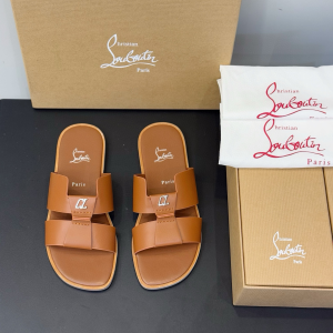 Christian Louboutin Loubi Be Brown Calfskin Leather Flat Slides Sandals Christian Louboutin Loubi Be Brown Calfskin Leather Flat Slides Sandals