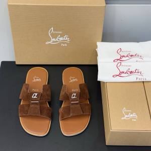 Christian Louboutin Loubi Be Brown Suede Leather Flat Slides Sandals Christian Louboutin Loubi Be Brown Suede Leather Flat Slides Sandals