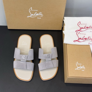 Christian Louboutin Loubi Be Gray Suede Leather Flat Slides Sandals Christian Louboutin Loubi Be Gray Suede Leather Flat Slides Sandals