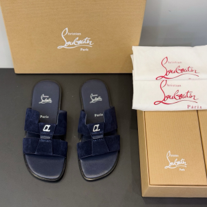 Christian Louboutin Loubi Be Navy Blue Suede Leather Flat Slides Sandals Christian Louboutin Loubi Be Navy Blue Suede Leather Flat Slides Sandals