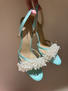 Mach and Mach Floating Pearls Satin High Heeled Sandals Light Blue 100MM Mach and Mach Floating Pearls Satin High Heeled Sandals Light Blue 100MM